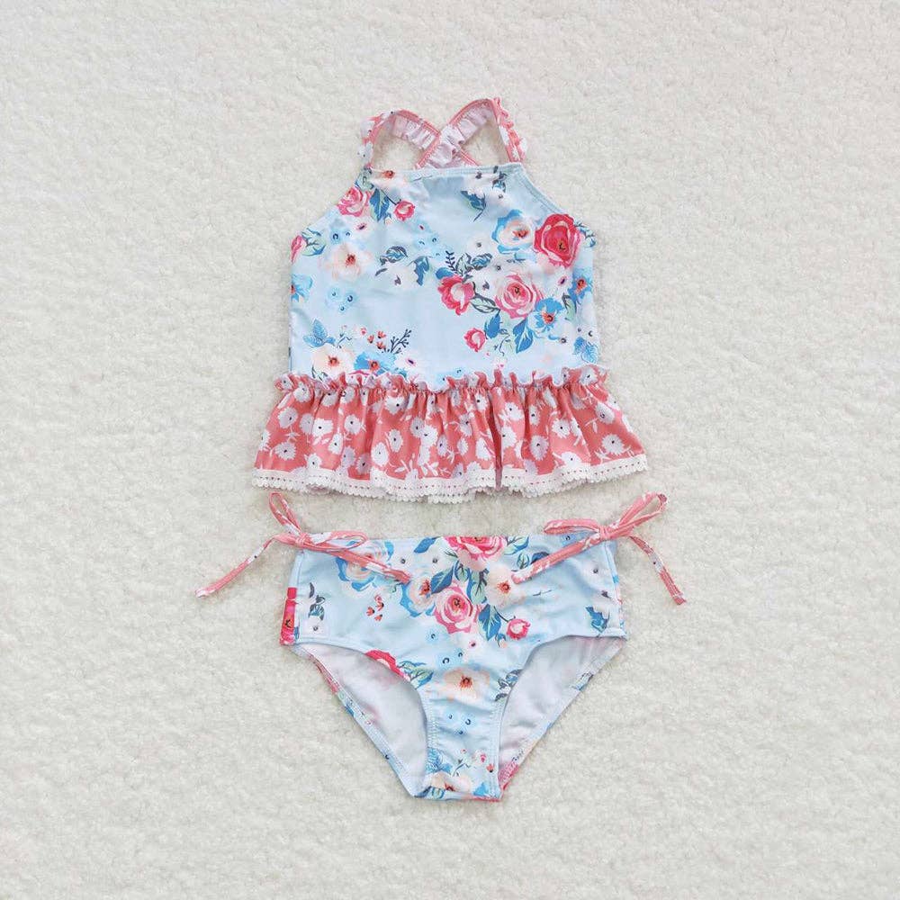 Girls Blue Flowers Top Floral 2 Pieces Swimsuits