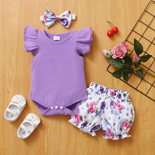 Load image into Gallery viewer, 3pcs Baby Girl Sleeve Romper &amp; Shorts &amp; Headband Set
