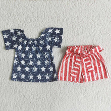 Load image into Gallery viewer, 4th of July girls star top belt shorts sets
