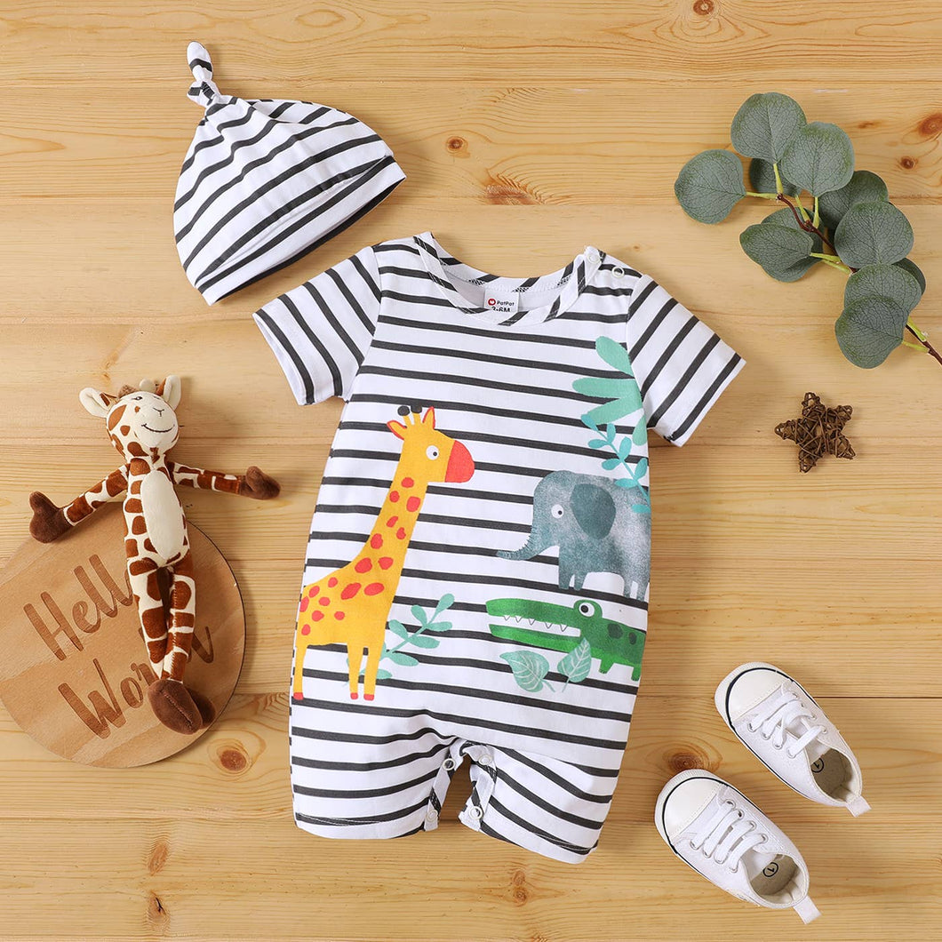 2pcs Baby Boy/Girl 100% Cotton Animal Striped Romper Set