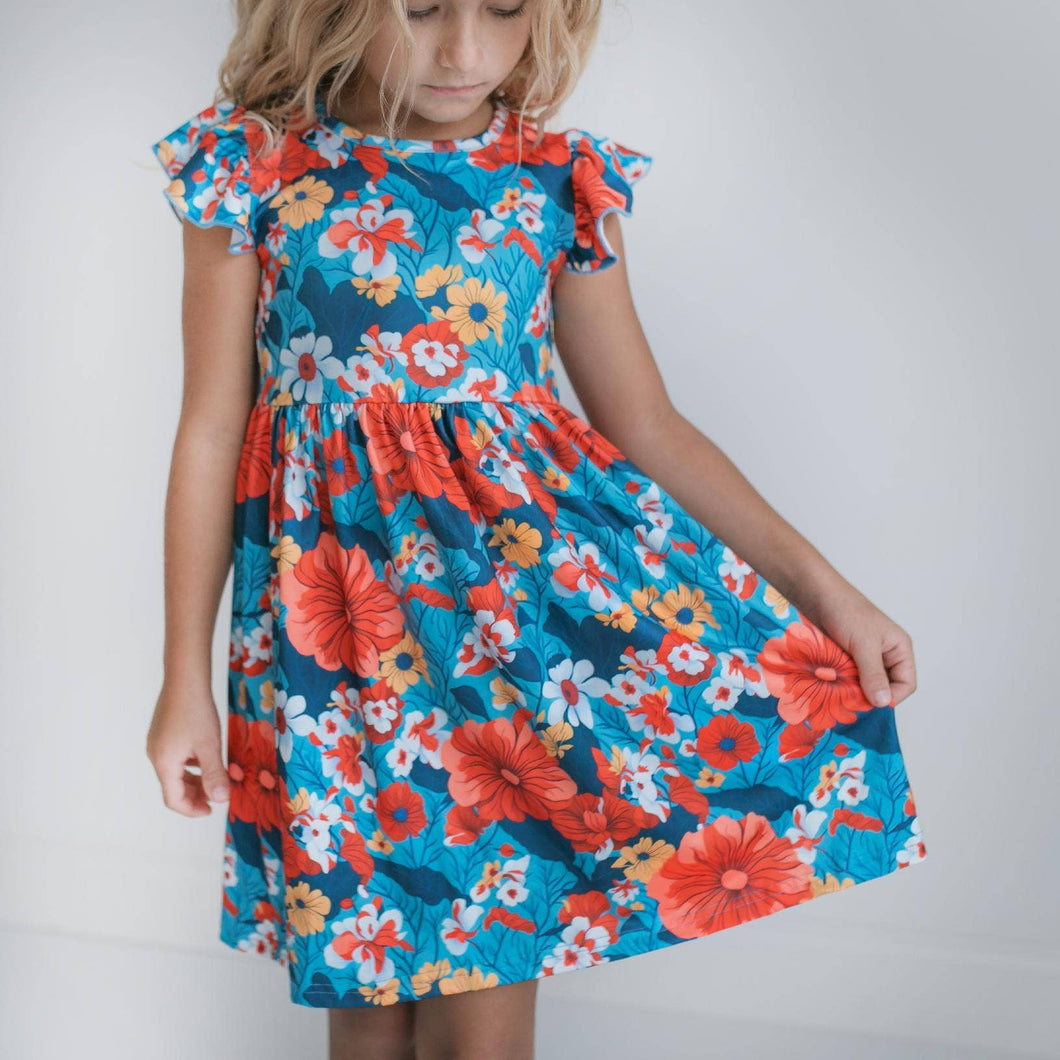 Kids Coral & Blue Floral Claire Spring Summer Flutter Dress