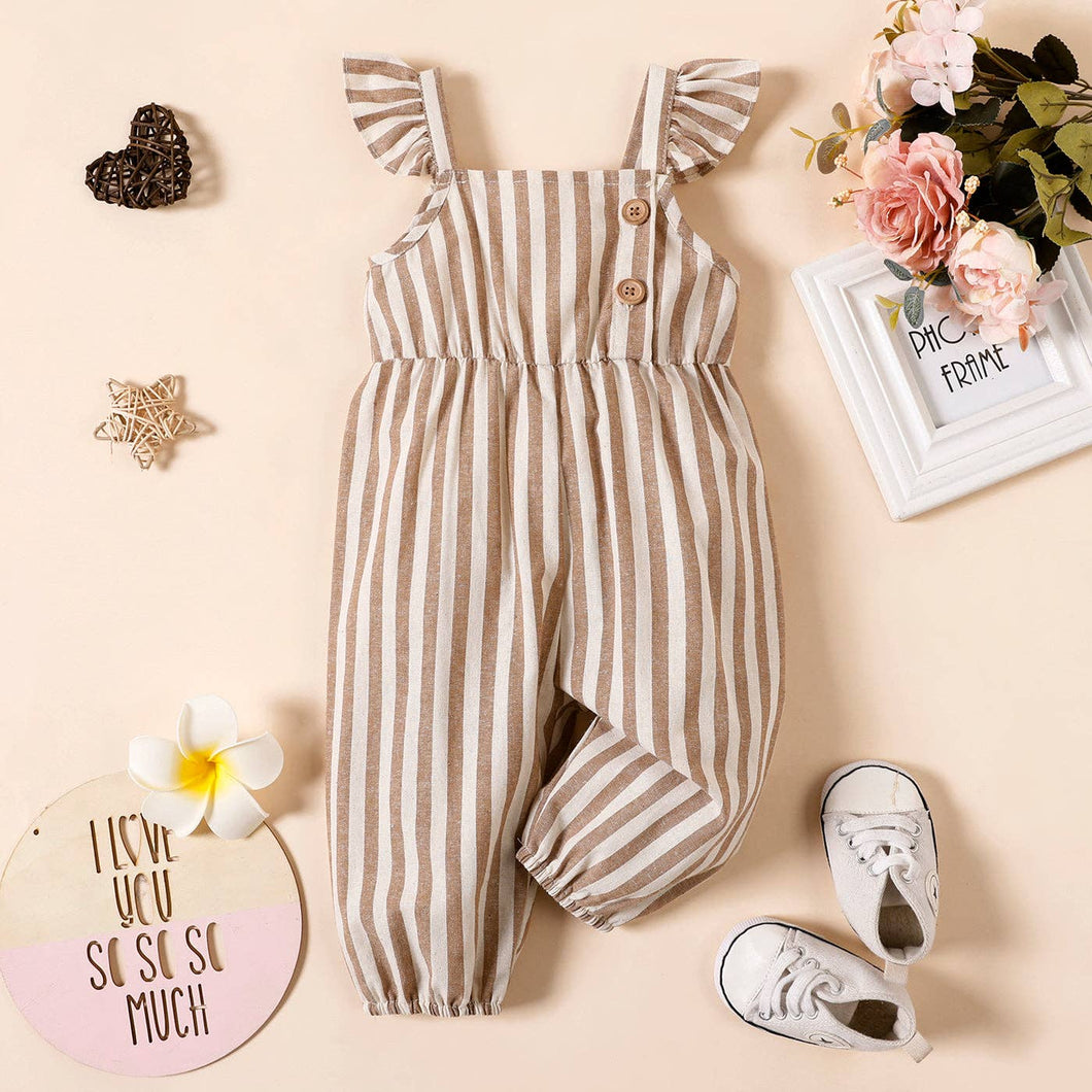 Baby Girl Striped Floral-print Sleeveless Ruffle Jumpsuit