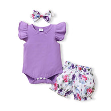 Load image into Gallery viewer, 3pcs Baby Girl Sleeve Romper &amp; Shorts &amp; Headband Set
