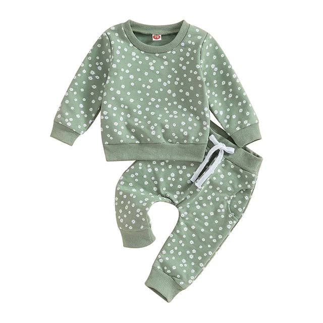 Ditsy Floral Print Baby/Toddler Loungewear Set - Green 
 (Co