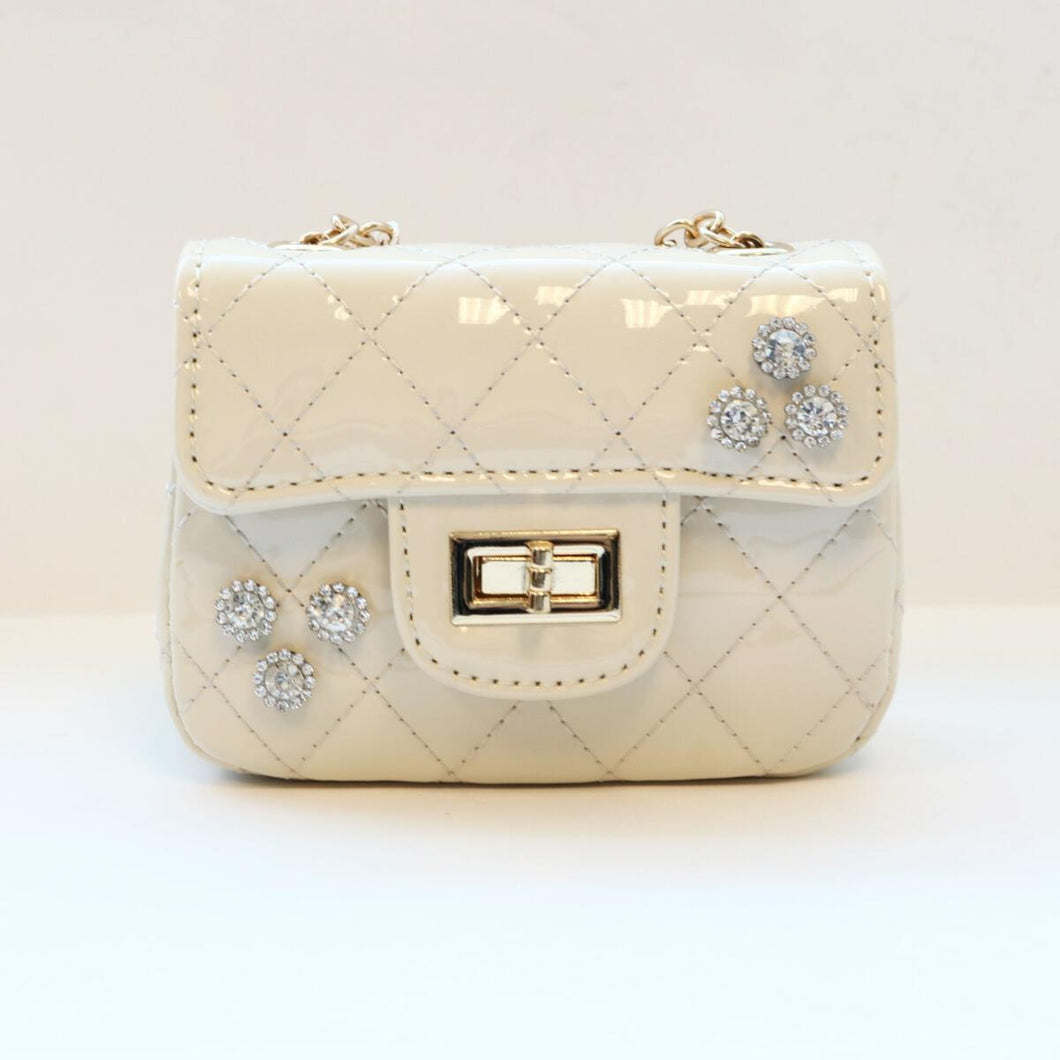 Ivory Patent Quilted Cross-Body Purse with Rhinestone Embellishments by Doe A Dear