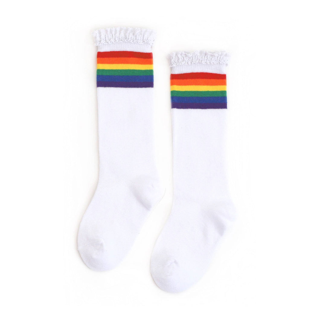 Rainbow Stripe Lace Top Knee High Socks - Little Stocking Co.
