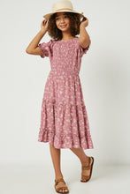 Load image into Gallery viewer, Girl&#39;s Floral Smock Tiered Midi Dress (Pink)
