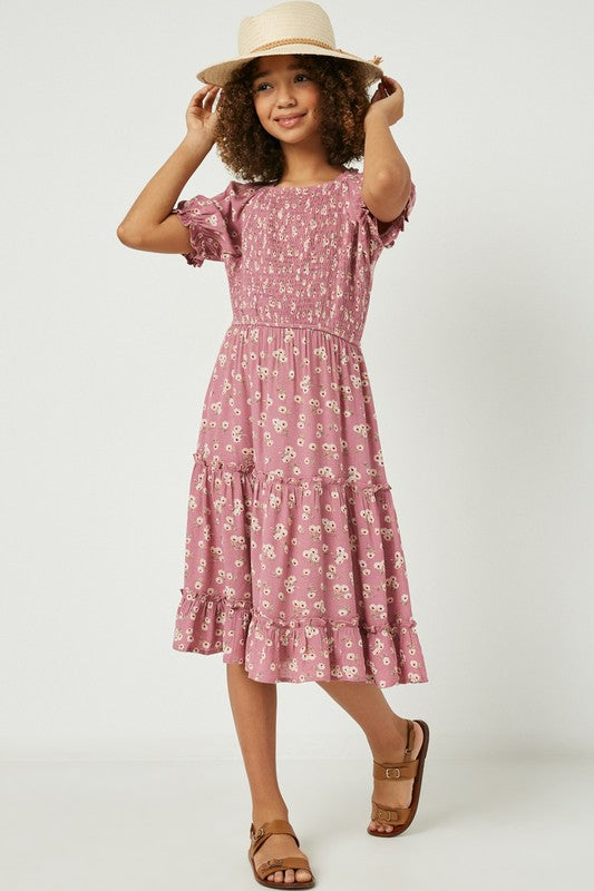 Girl's Floral Smock Tiered Midi Dress (Pink)