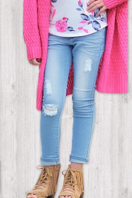 Girls Super Yummy Wash RELAXED Fit Denim Jeans w/ Distress Detail - Ice Blue