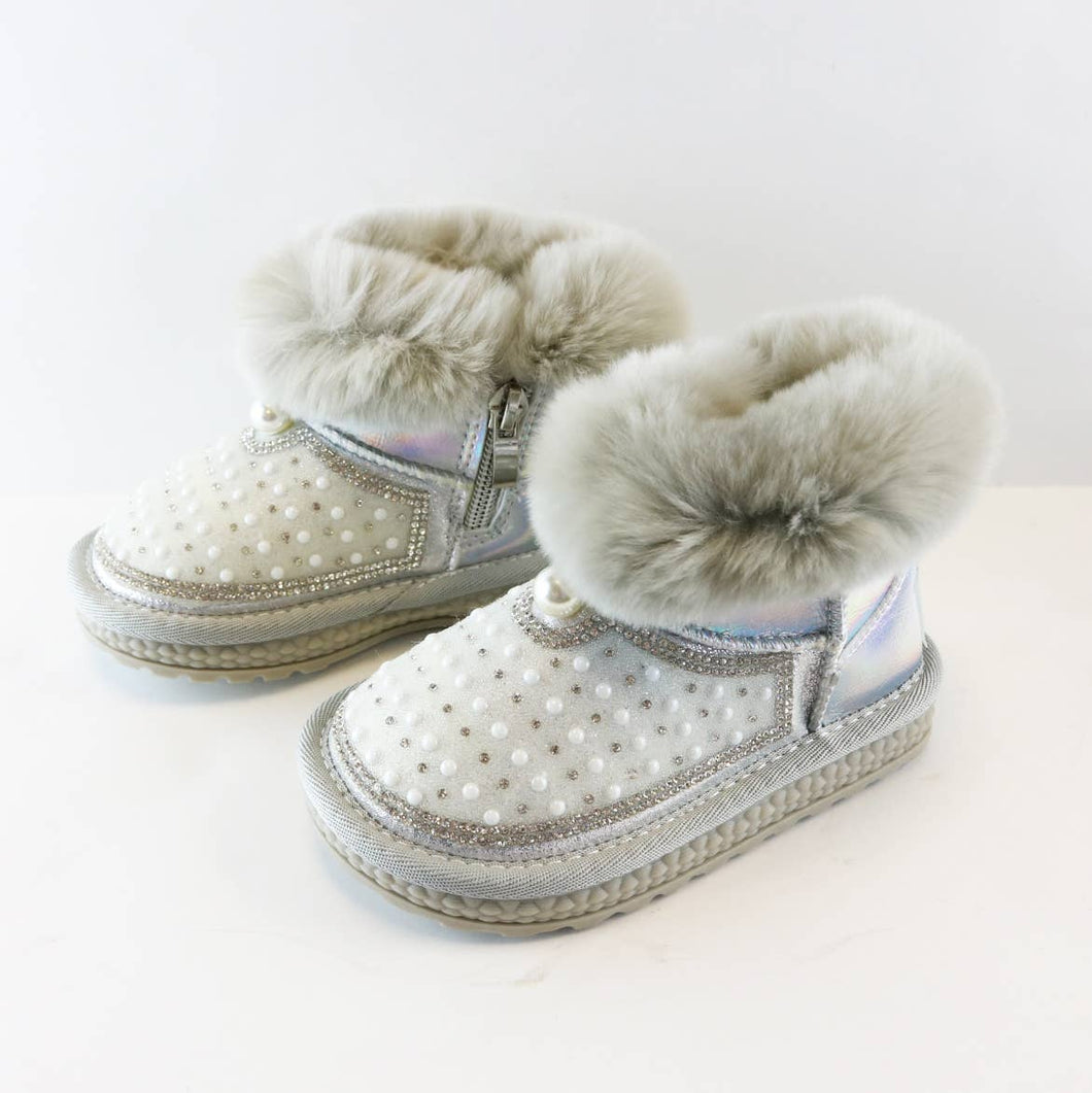 Silver Rhinestone & Pearl Furry Boot