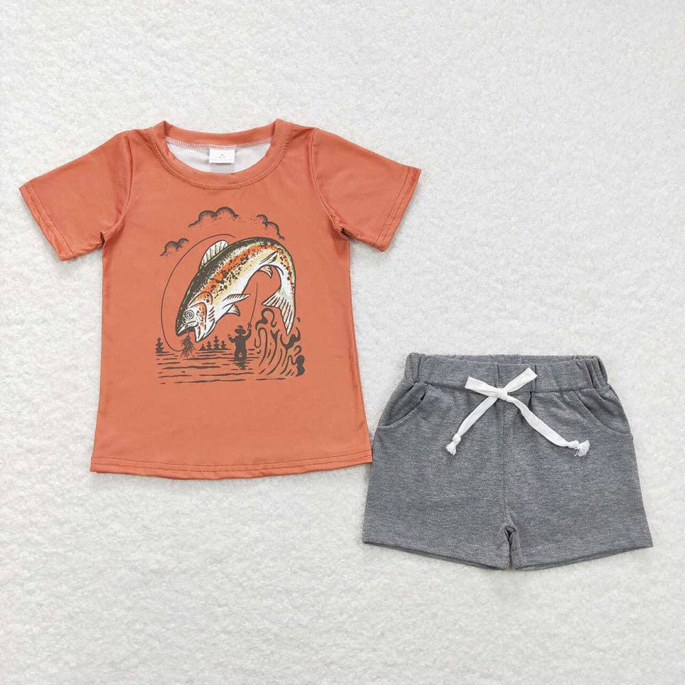 Boys Orange Fishing Tee Shirts Grey Shorts Summer Cloth