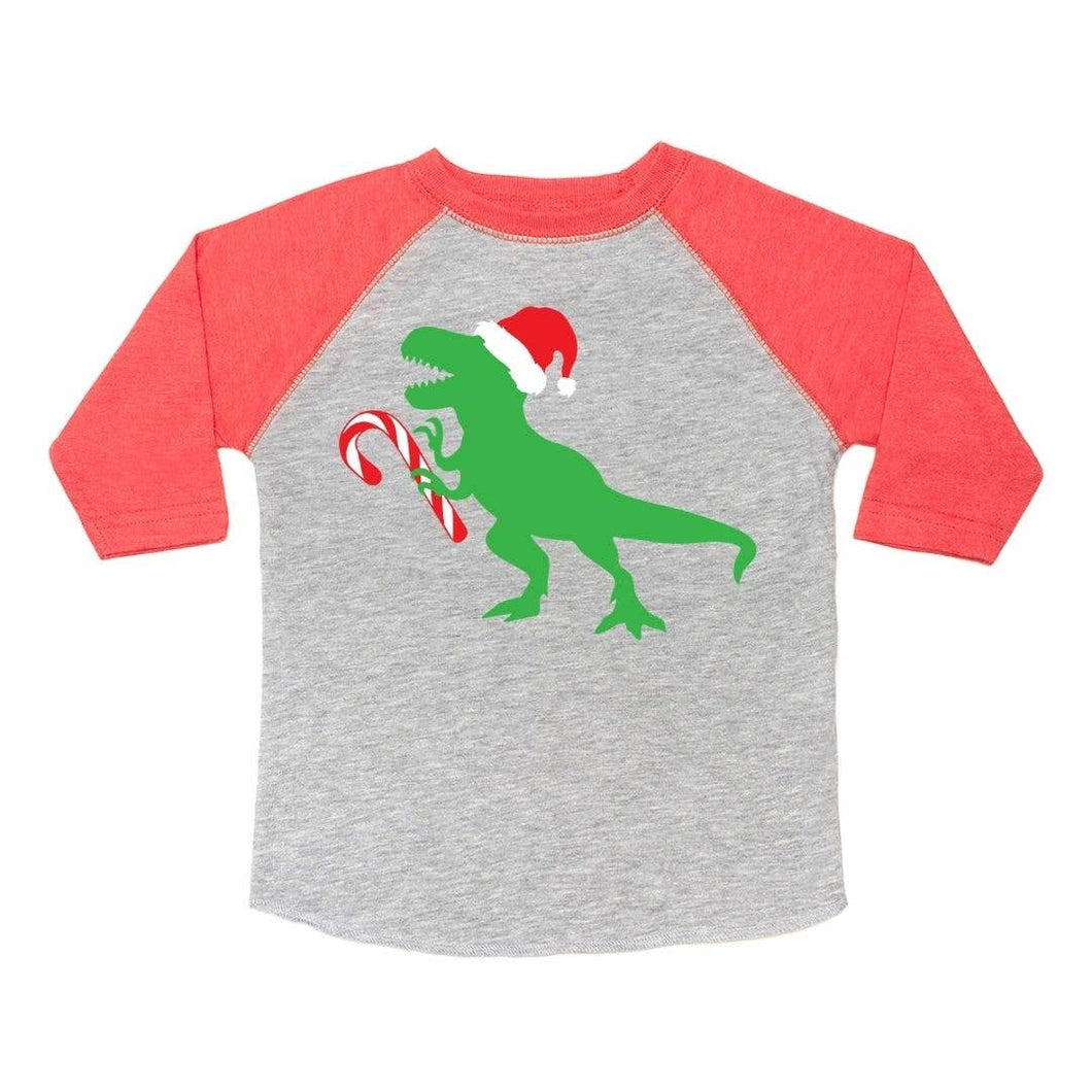 Santa Dino Christmas 3/4 Shirt - Heather/Red: 2T