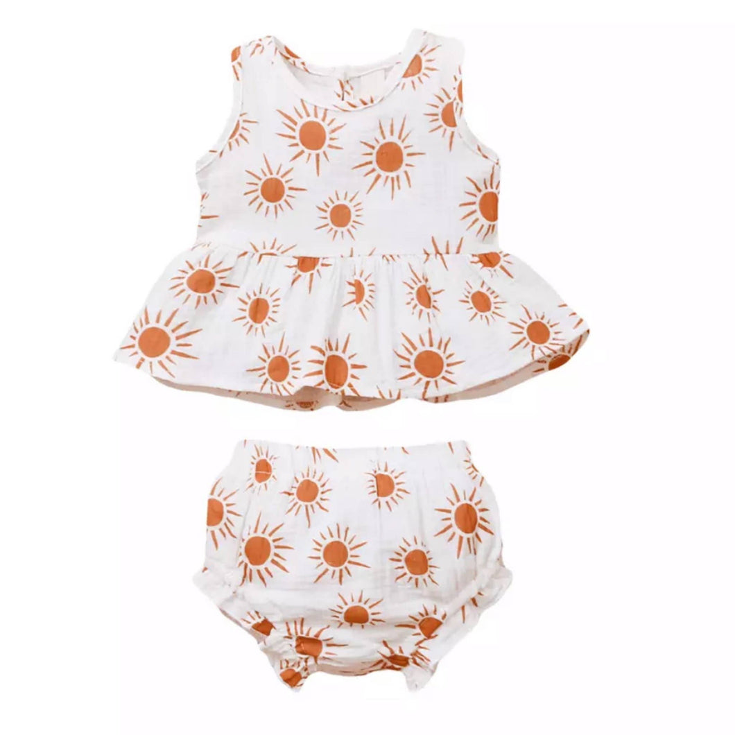 Tiny Terracotta Sun Two-Piece Flutter Top and Bloomer Set