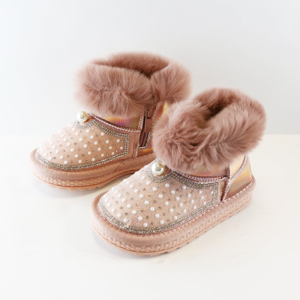 Pink Rhinestone & Pearl Furry Boot