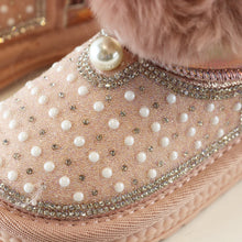 Load image into Gallery viewer, Pink Rhinestone &amp; Pearl Furry Boot
