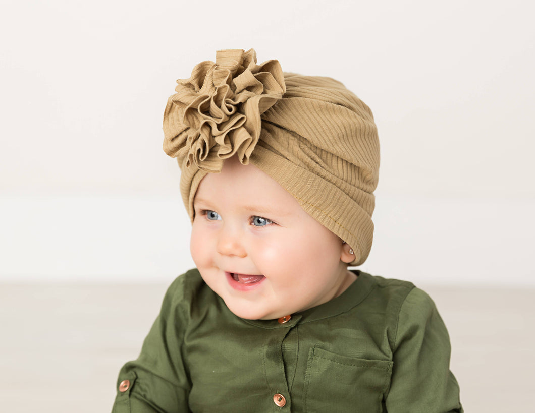 Light Brown Flower Ribbed Baby Turban