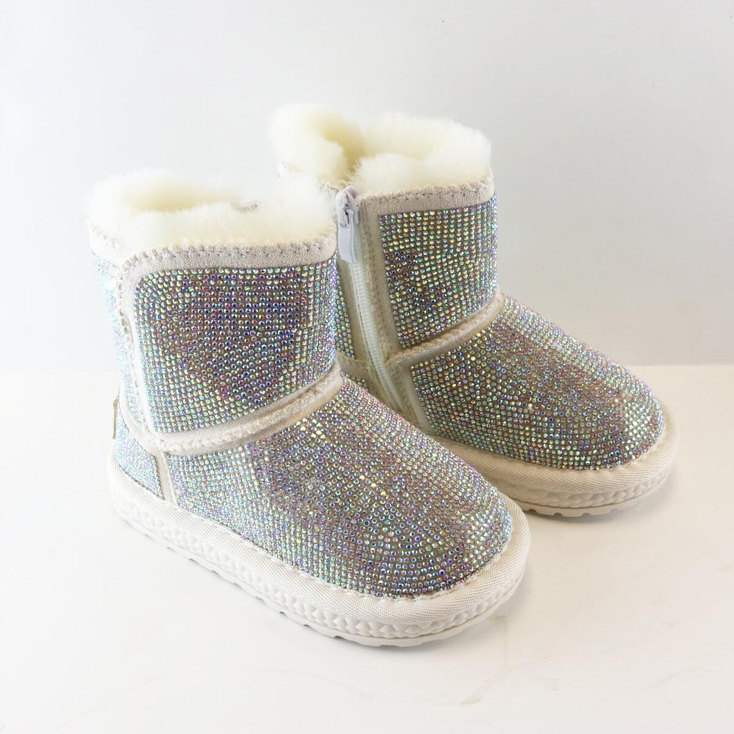 Beige Handcrafted Holographic Rhinestone Boots