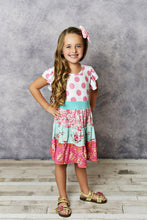 Load image into Gallery viewer, Kids Pink &amp; Blue Polka Dot Tiered Spring Easter Summer Dress
