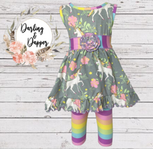 Load image into Gallery viewer, AnnLoren Little Toddler Big Girls&#39; Unicorns Rainbow Dress Leggings Set
